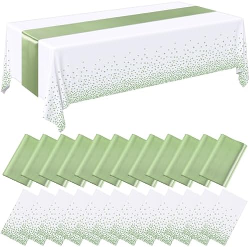 Breling 24 Pack White and Sage Green Tablecloths and Satin Table Runner Set by Breling