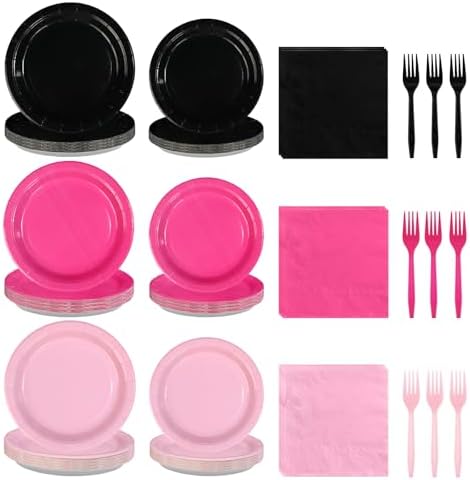 Greencian 96Pcs Hot Pink and Black Birthday Party Decorations, Serves 24 by Grencian