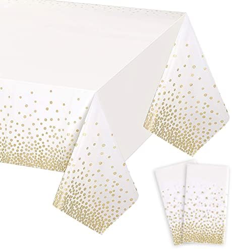 Gexolenu 2 Pack White and Gold Disposable Plastic Tablecloth for Rectangle Tables(54" x 108"), Disposable Waterproof Table Cover for Birthday, Graduation, Gold Table Cloths Party Supplies by Gexolenu