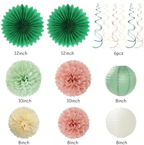 Olive Sage-Green Beige Happy-Birthday Party-Decorations - 31pcs Women Girls Adults Paper Lanterns Streamers Banner,Tissue Pom Poms Decor,Flower Fans Tassels Graland Boho Neutral Supplies Hugmoon - Image 4