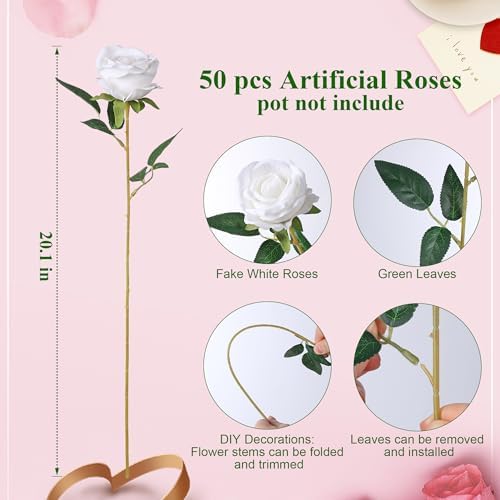 50 PCS White Roses Artificial Flowers, Fake Roses with Stems Realistic Silk Roses for DIY Wedding Bouquets Tables Centerpieces Arrangements Party Baby Shower Birthday Home Decor Christmas Gift for Her - Image 5