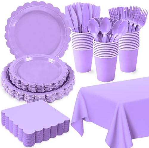 176 PCS Purple Party Decorations - Light Purple Scalloped Plates, Napkins, Cups, Cutlery, Tablecloth for Baby Shower, Wedding, Lavender Birthday Decorations, Serves 25 by Oigco