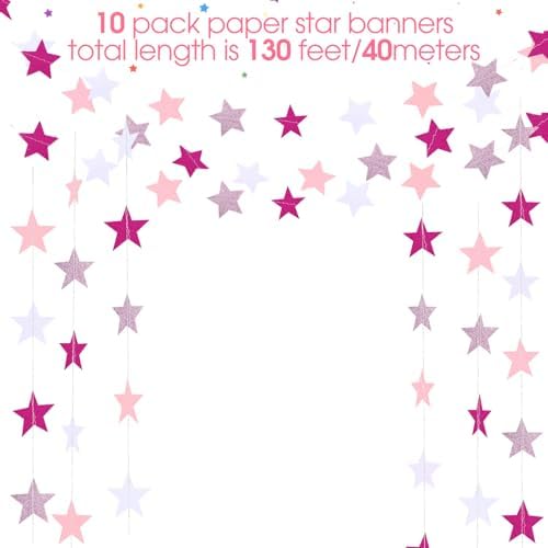 Patelai 130 ft Star Garland Banner Decor,Pink,Rose Red,White - Image 3
