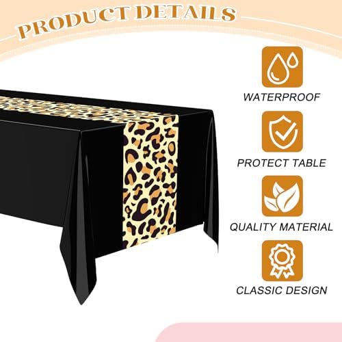 Buryeah 3 Pcs 54 x 108'' Plastic Disposable Leopard Tablecloth, Black - Image 2