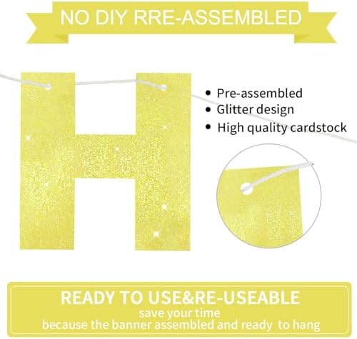 BEISHIDA Pre-Strung Glitter Yellow Happy Birthday Banner Party Sign Decor - Image 3