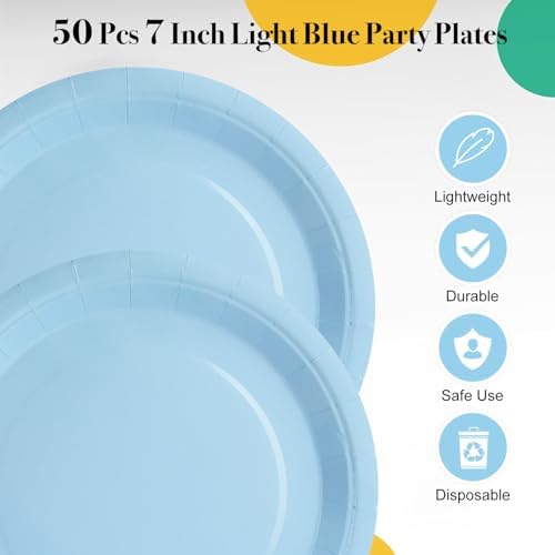 Light Blue Party Plates and Napkins, Include 7’’ Disposable Baby Blue Paper Dessert Plate Napkins Forks Party Supplies for Birthday, Baby Shower, Wedding, Picnics Party Decorations for Serves 50 - Image 4