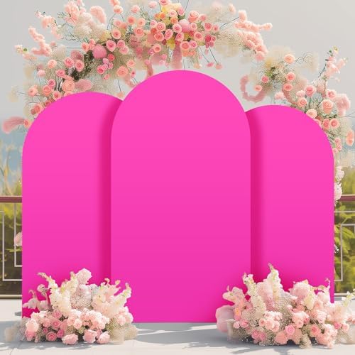 Hot Pink Arch Backdrop Cover Set of 3 (7.2FT,6FT,6FT) Spandex 2-Sided Round Top Chiara Fitted Wedding Arch Cover Fuchisia Backdrop for Wedding Birthday Party Arch Stand Decoration by Htper