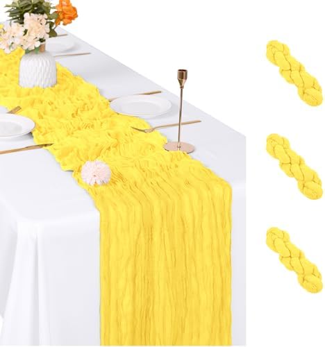 3 Pack Lemon Yellow Cheesecloth Table Runner, 17 x 108 inch, Semi Sheer Boho Cheese Cloth Fabric Table Runner Bulk for Wedding, Birthday, Party, Holiday, Home Decor (Lemon Yellow) by ACSUIT
