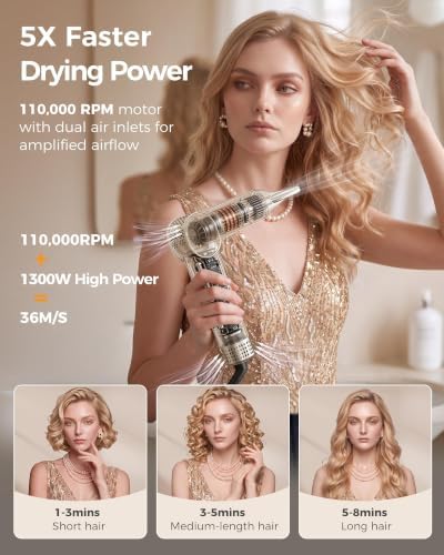 6 in 1 Air Hair Styler Blow Dryer Brush Set - High Speed Negative Ions Hair Dryer 110,000 RPM with Auto Wrap Curlers - No Heat Damage for Curling, Volumizing, Straightening - Champagne Gold - Image 4