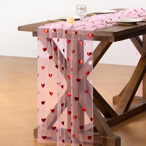 Gold Gauze Table Runner Red Heart Sheer Romantic Wedding Party Table Decor - Image 3