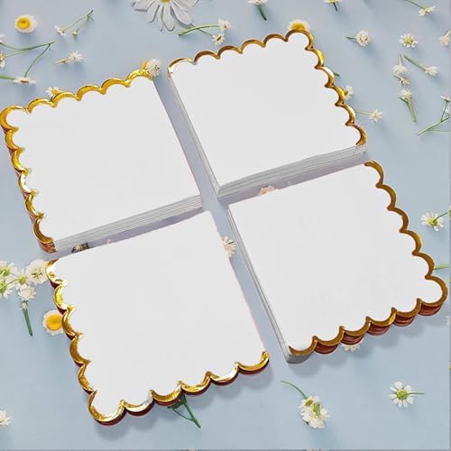 100 pack White Cocktail Napkins with Gold Foil Accents Scalloped Edges 5 x 5 inch Beverage Disposable Napkin Party Decoration Wedding Bridal and Baby Shower Dinner Lunch Supplies - Image 3