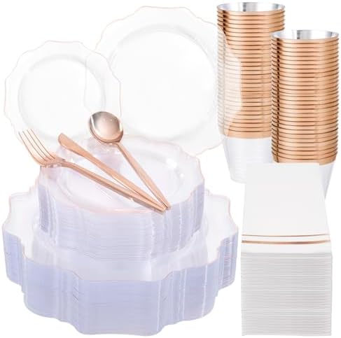WDF 350Pcs Rose Gold Plastic Plates - Clear Rose Gold Disposable Plates 50Guest Plastic Dinnerware for Birthday/Wedding/Holidays/Thanksgiving/Christmas by WDF