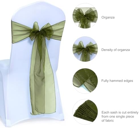 MDS Pack of 50 Organza Chair Sashes for Wedding & Event Décor – Olive Green - Image 6