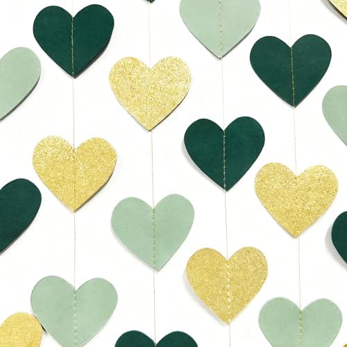 Sage Green and Gold Heart Party Glitter Gold Paper Olive Green Love Heart Hanging Garland Streamer Banner for Woodland Safari Birthday Wedding Anniversary Valentines Day Party Decorations - Image 4