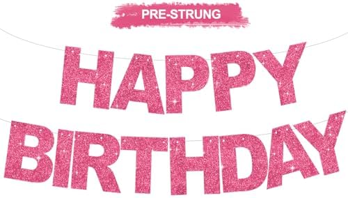 BEISHIDA Pre-Strung Glitter Hot Pink Happy Birthday Banner Party Sign Decor by Beishida