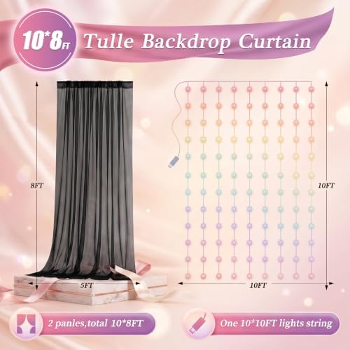 Ledido 10×8ft Black Tulle Backdrop Curtains with RGB Lights, 2 Panels 5×8ft - Image 2