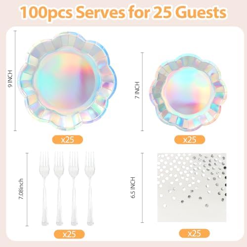 100pcs Iridescent Party Plates and Napkins | 25 7inch Dessert Plates | 25 9inch Disposable Plates | 25 Napkins | 25 Forks Holographic Party Supplies for Mermaid Birthday Wedding Bridal Shower Party - Image 3