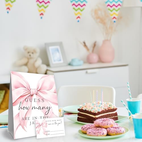 Pink Bow Baby Shower Decorations,Pink Watercolor Ribbon Minimalist Baby Shower Game,Guess How Many Bows are in the Jar,Birthday Party Game & Activities 50 Cards and Sign - Image 4