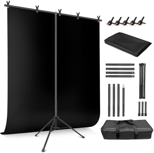 Black Backdrop Background with Stand for Photoshoot, 5x6.8ft Black Photo Backdrop Curtain Cloth with Background Support Stand, 5 Spring Clamps& Carrying Bag for Party Photography Video Studio by JEBUTU