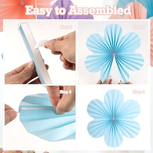 SUNBEAUTY Pastel Paper Flowers Decorations for Wall, Hanging Paper Fans Paper Floral Backdrop Decor Paper Fans Decoration Mothers Day Birthday Wedding Baby Shower, Set of 9 - Image 3