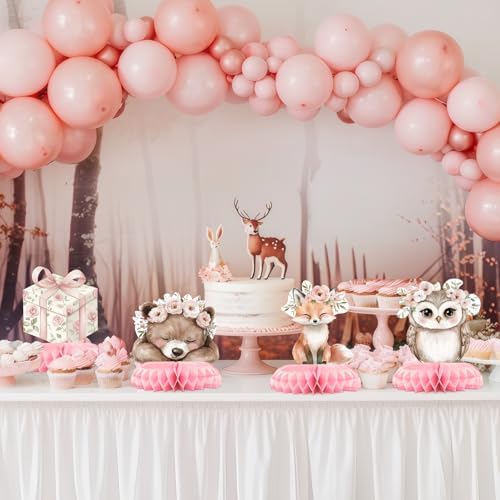 12 Pcs Girl Woodland Baby Shower Decorations - Pink Woodland Baby Shower Centerpieces for Tables - Woodland Animals Honeycomb Table Decor with Fox Deer Bunny Owl for Girl Baby Shower 1st Birthday - Image 4