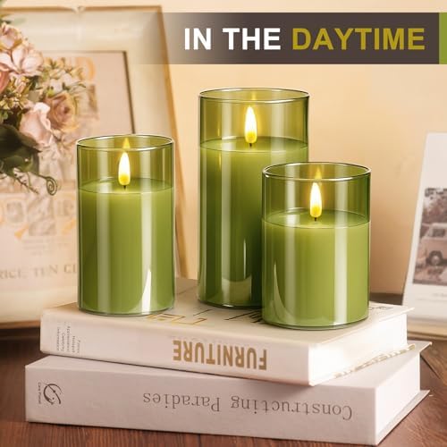 Tyawon Glass Battery Operated LED Flameless Candles with Remote and Timer, Real Wax Candles Warm Color Flickering Light for Festival Wedding Home Party Decor(Pack of 3)-Green - Image 2