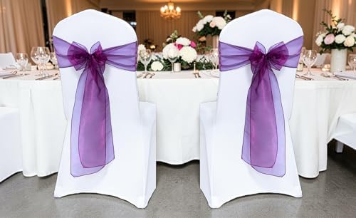 MDS Pack of 75 Organza Chair Sashes for Wedding & Event Décor – Eggplant - Image 2