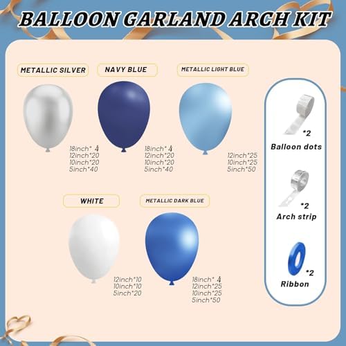 412Pcs Blue Balloon Arch Kit,5 10 12 18 inch Blue Balloon Garland with Metallic Dark Blue Silver Balloons for Baby Shower Graduation Birthday Wedding Party Decorations - Image 2