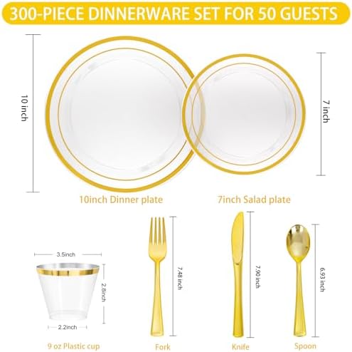 WELLIFE 300 PCS Clear Gold Disposable Dinnerware Set for 50 Guests - Image 4