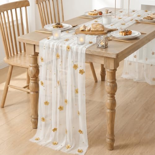 Artoid Mode Yellow Flower Pearl White Gauze Table Runner 10FT 3PC, Seasonal Sheer Dining Holiday Wedding Birthday Baby Shower Table Decor for Home Party - Image 4
