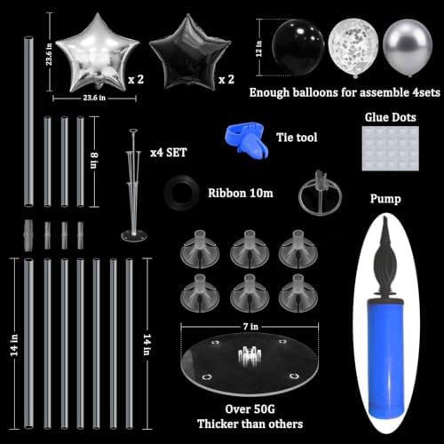 New Years Eve Party Supplies, 4 Set Black Silver Balloon Stand Kit - Image 3