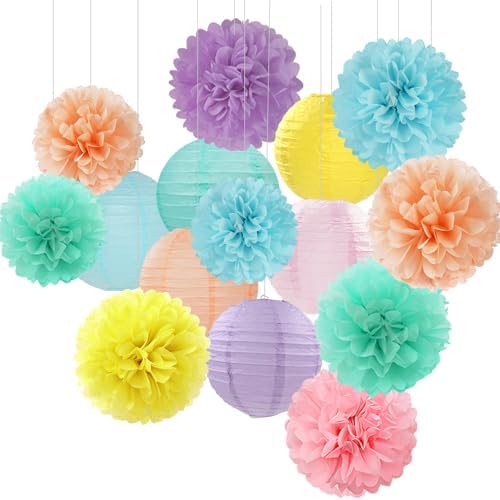 Pastel Rainbow Colorful Party-Decorations Paper Flowers Lanterns - 15PCS Birthday Classroom Baby Shower Tissue Pom Poms Streamers, Macaron Carnival Theme Hanging Supplies Decor Hugfond by Hugfond