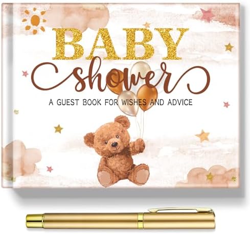 Fuyoooo 27 Pcs Brown Bear Baby Shower Guest Book Gold Pen Photo Corners by Liraitoya