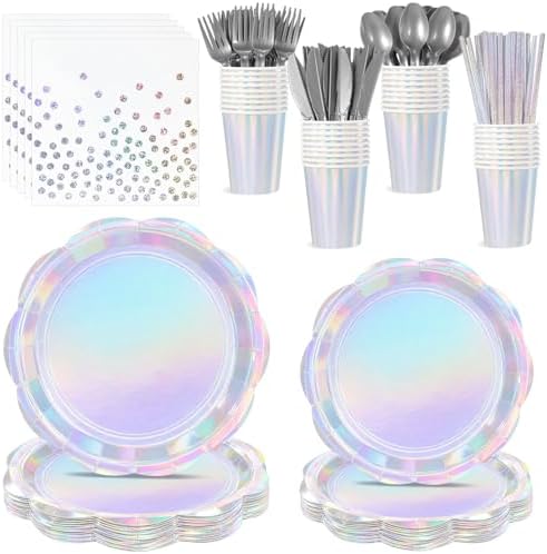 25 Set Iridescent Plates and Napkins Scalloped Iridescent Party Decorations by NatNarr