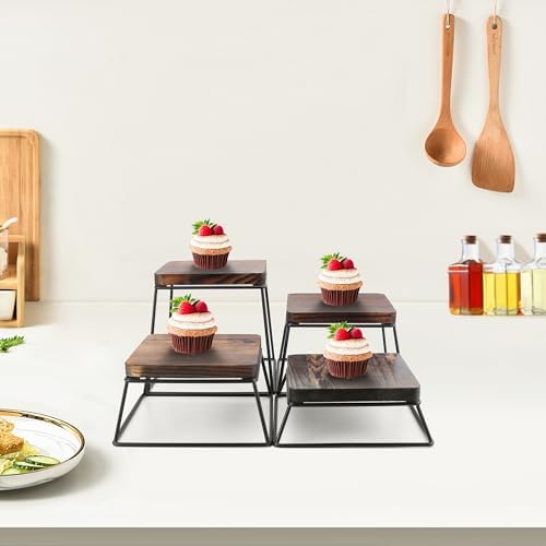 Dessert Table Risers Display Stands Food display Wood & Black Metal Square Retail Pizza,Cupcake,Candy Stands Food Platter Tray,6x6 INCH,Set of 4 (4P-Black) - Image 5