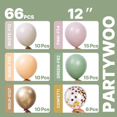 PartyWoo Pink and Green Balloons 66pcs 12 Inch Gold White Green Balloons - Image 2