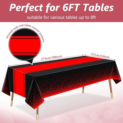 LANLISA Red and Black Tablecloth Party Decorations 6 Pack, Disposable Plastic Table Cloths for Birthday Graduation Retirement Masquerade Party Decor - Image 3