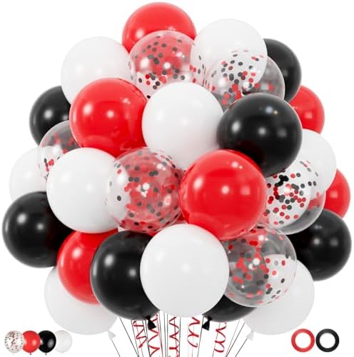 100pcs Red and Black Balloons, 12inch Red and White With Confetti Balloons for Class of 2026 Graduation, Birthday Decorations, Baby Shower, Casino, Race Car Party Supplies (2 Ribbons) by ZizasAry