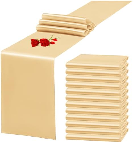 12 Pack Champagne Satin Table Runner 12 x 108 Inch Long Premium Table Runners for Wedding Party Events Decoration, Birthday Parties, Banquets Decorations, Graduations, Engagements by YMHPRIDE
