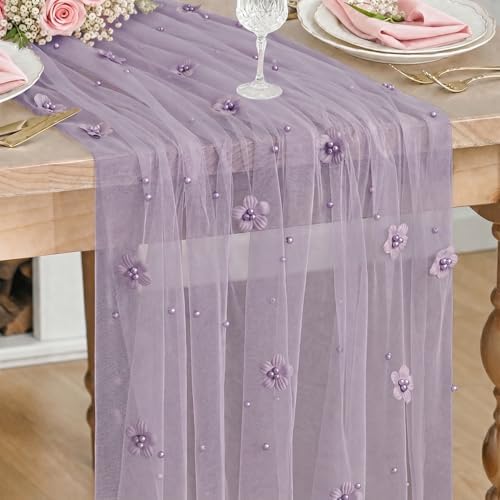 Artoid Mode Purple Flower Pearl Purple Gauze Table Runner 10FT, Seasonal Sheer Dining Holiday Wedding Birthday Baby Shower Table Decor for Home Party by ArtoidMode