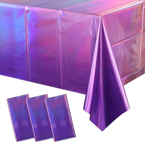 3 Pack Ombre Iridescent Pink and Purple Plastic Tablecloths, Shiny Disposable Laser Rectangle Table Covers Holographic Foil Tablecloth Iridescent Party Decoration Birthday Bridal Wedding, 54x108 Inch by EnjoyYourFunnyParties