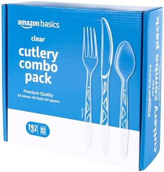 Amazon Basics Disposable Clear Plastic Cutlery Set, Premium Quality, Strong, 192 Count, Large Combo Pack Forks, Spoons and Knives by AmazonBasics