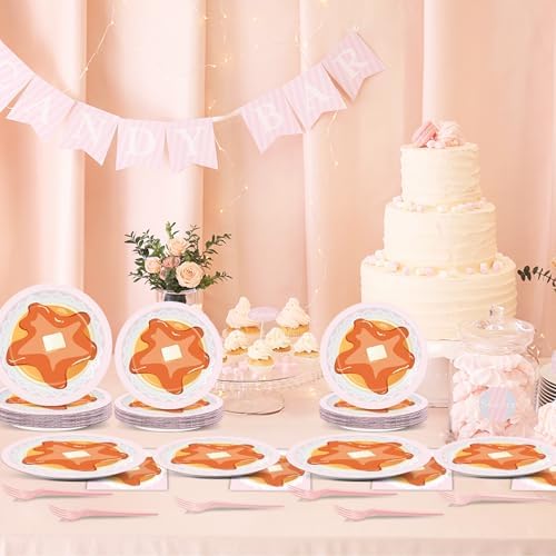 96Pcs Pancakes and Pajamas Paper Plates and Napkins Pajama Brunch Birthday Party Decoration Girls Pink Night Sleepover Dessert Plates Spa Party Cake Tableware Set for 24 Guests Slumber Party Supplies - Image 5