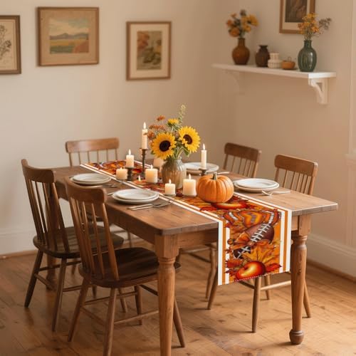 Fall Thanksgiving Table Runner 13x72 Inch - Buffalo Plaid & Pumpkin Bow Print, Stylish Autumn Home Kitchen Party Decoration - Image 2