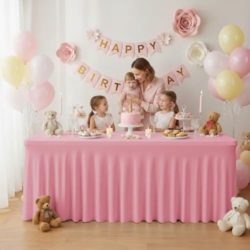 4 Pack Pink Spandex Table Covers 8ft Rectangle Ruffle Skirts for Party - Image 2