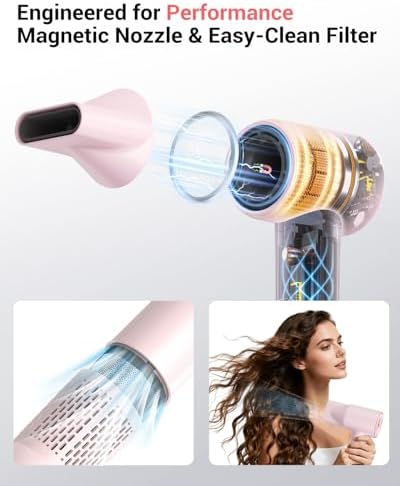 Ionic Hair Dryer, 150,000 RPM High-Speed Professional Blow Dryer for Fast Drying, 500M Negative Ions & Thermo-Control, Magnetic Nozzle, Low Noise & Lightweight for Home and Travel, Pink - Image 6