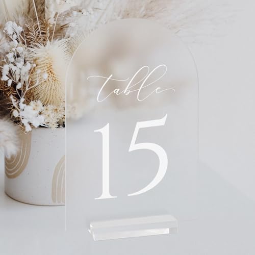 Frosted Arch Table Numbers for Wedding, 5x7 Inch Arched Acrylic Table Numbers 1-15 with Stands, Frosted Acrylic Arch Sign with Holder for Centerpiece, Reception, Wedding, Party, Event by JINMURY