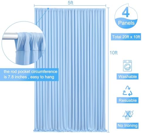 4 Panels Baby Blue Backdrop Curtain for Baby Shower Parties Wrinkle Free Light Blue Curtains Backdrop Drapes Fabric Decoration for Birthday Party Photography 20ft(W) x 10ft(H) - Image 5