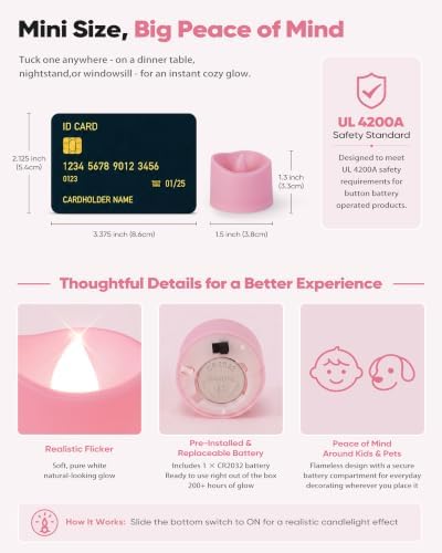 Homemory 12-Pack Pink Flameless Battery Tea Light Candles, 200+ Hours - Image 2
