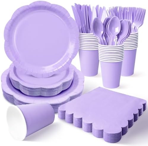 175 Pcs Lavender Party Supplies for 25 Guests, Elegant Paper Plates and Napkins Set with Cups, Knives, Forks & Spoons, Thickened Decagonal Plates for Baby Shower Bridal Shower Tea Party Birthday by Unknown